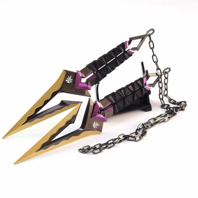 Kuronami VALORANT knife keychain, black with purple squares, gold tips and chain