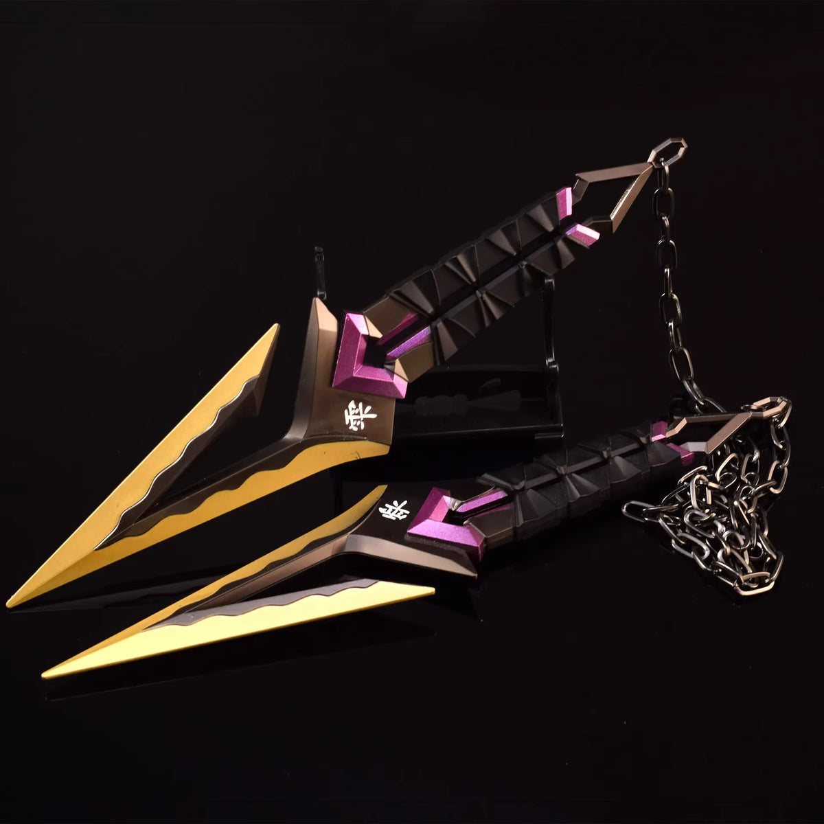 Kuronami VALORANT knife keychain with purple-lit squares, gold tips and chain