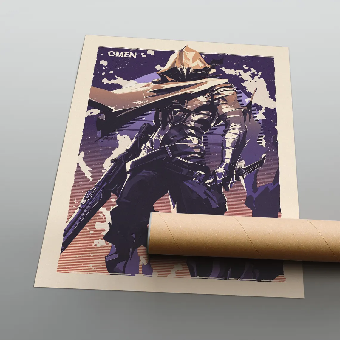 Rolled vintage-style game poster featuring Omen character in dark purple and black