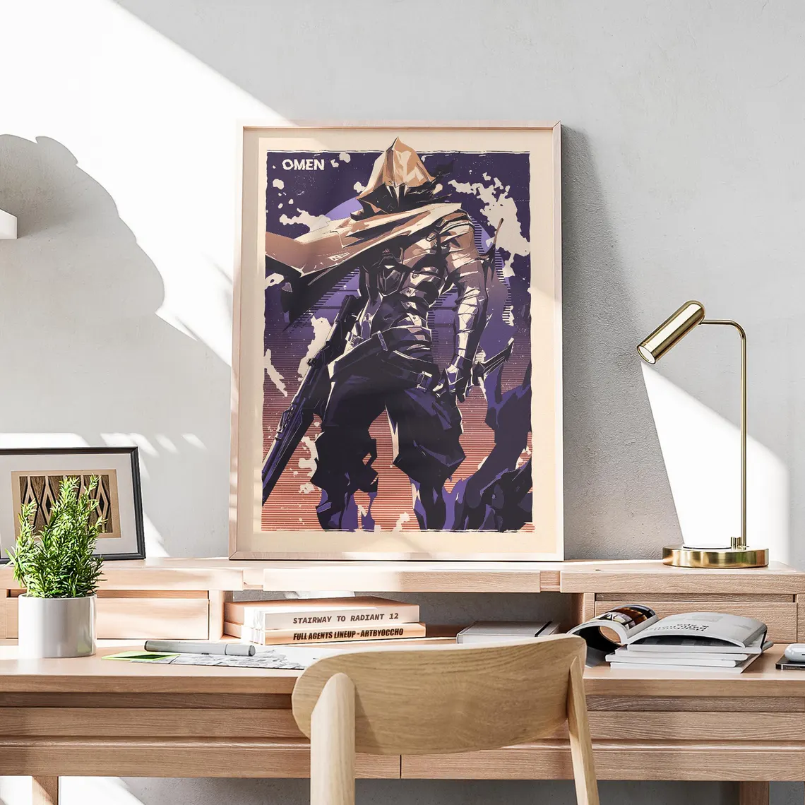 Framed vintage-style game poster with Omen character artwork in dark purple and black