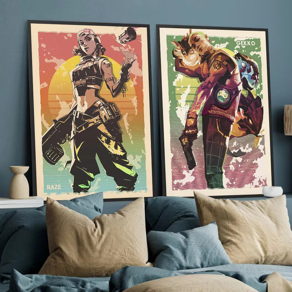 Pair of framed Valorant posters: Raze and Gekko, colorful pop-art character prints