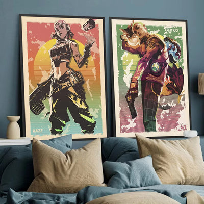 Pair of framed Valorant posters: Raze and Gekko, colorful pop-art character prints