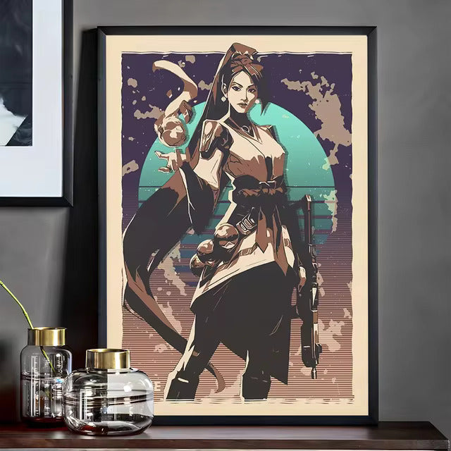 Framed Valorant character poster featuring Sage with staff, colorful retro-styled artwork.