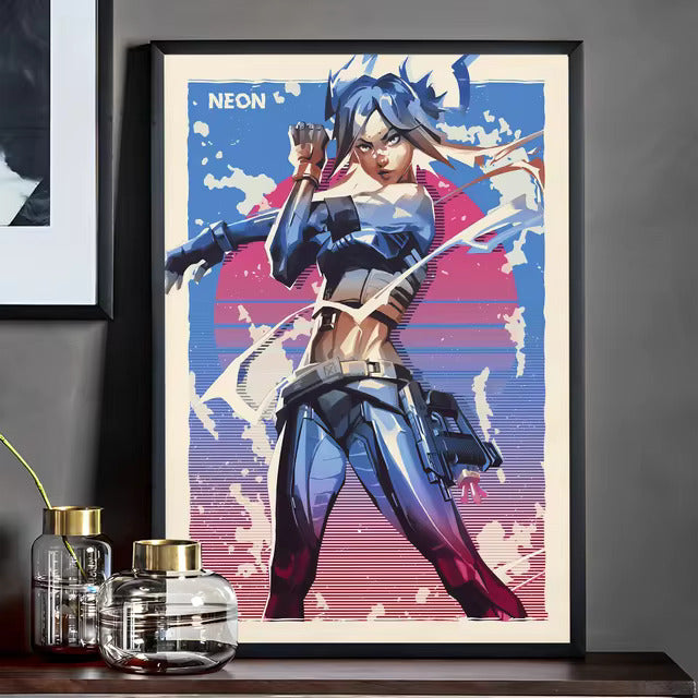 Framed Neon character poster with pistol and blue hair, vibrant pop-art style