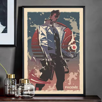 Framed Valorant character poster featuring Phoenix in a heroic pose, colorful stylized art.