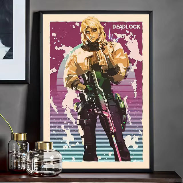 Framed Deadlock character poster with rifle, pop-art distressed colors