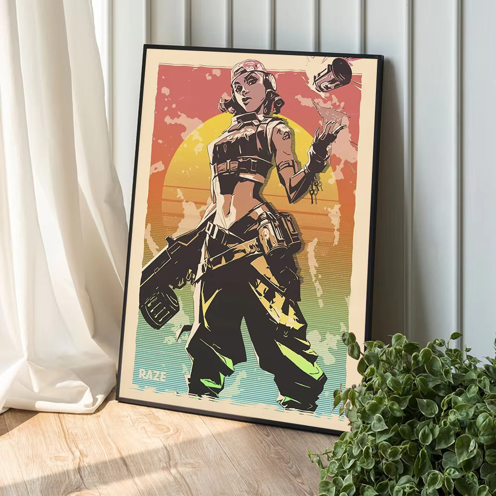Framed Raze character poster with shotgun, colorful retro pop-art background