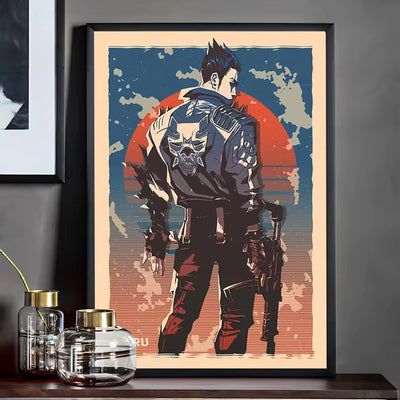 Framed masked sci-fi agent character poster holding a weapon, pop-art colors