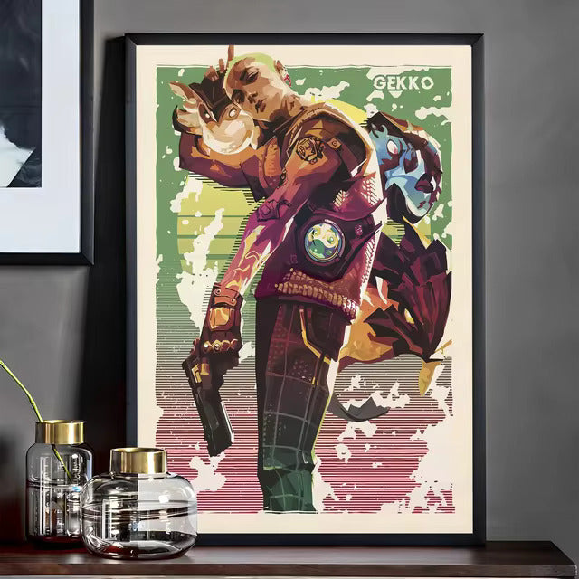 Framed Valorant character poster featuring Gekko, tech-themed outfit with creature companion art.
