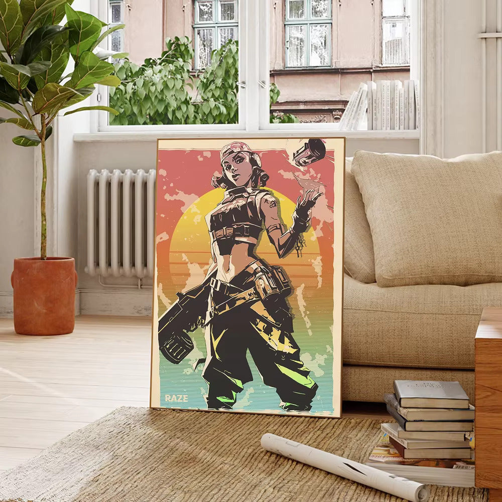 Raze character poster with shotgun, rainbow pop-art color background