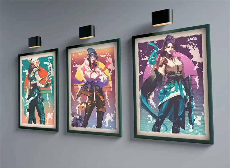 Set of three framed Valorant character posters featuring Killjoy and Sage stylized art.