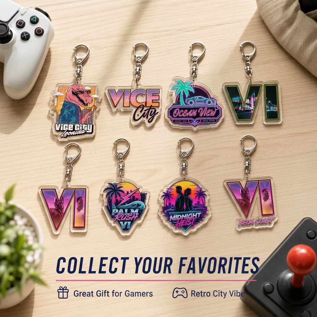 Set of neon acrylic keychains with “VICE City” and “VI” designs on display.