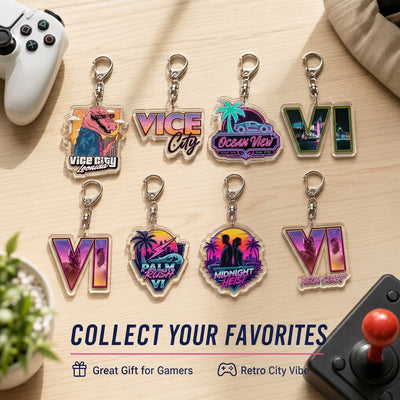 Set of neon acrylic keychains with “VICE City” and “VI” designs on display.