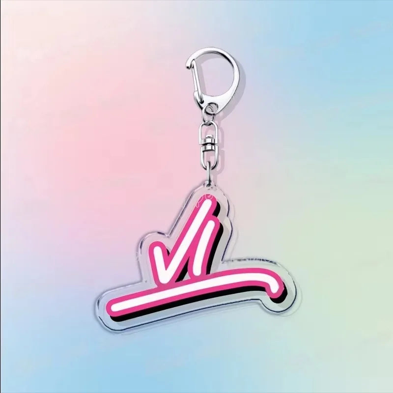 Acrylic keychain with a clear tag and neon pink V-shaped check mark
