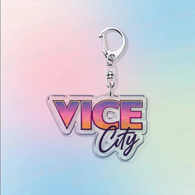 Acrylic keychain with “VICE” and “City” colorful lettering