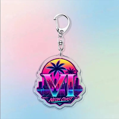 Acrylic keychain shaped like a crest with “NEON COAST” title