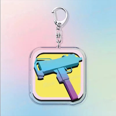 Acrylic keychain with a colorful handgun illustration on a clear tag