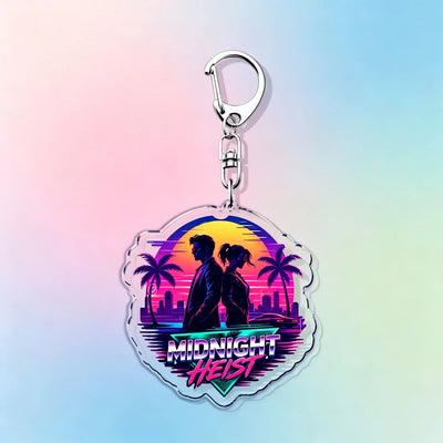 Acrylic keychain with a silhouette scene and “MIDNIGHT HEIST” text
