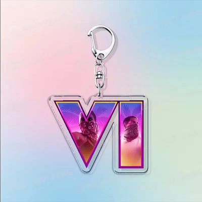 Silver hook acrylic keychain with large “VI” letters in pink neon and purple panels.