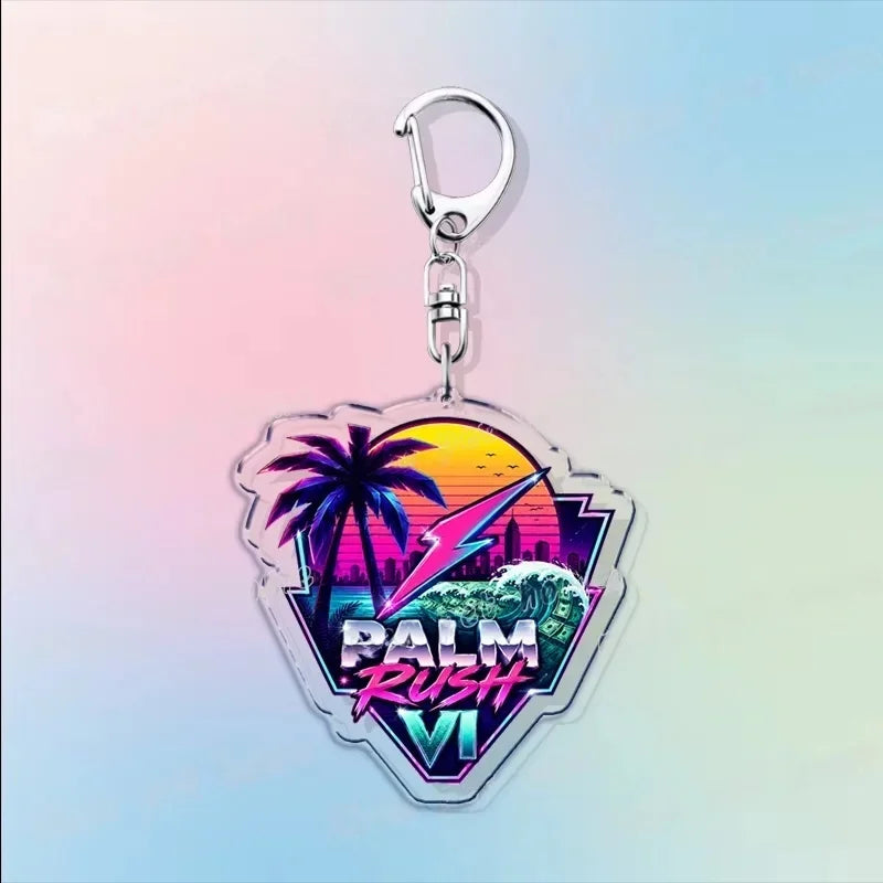 Silver hook acrylic keychain featuring palm graphics and “PALM RUSH VI” text.