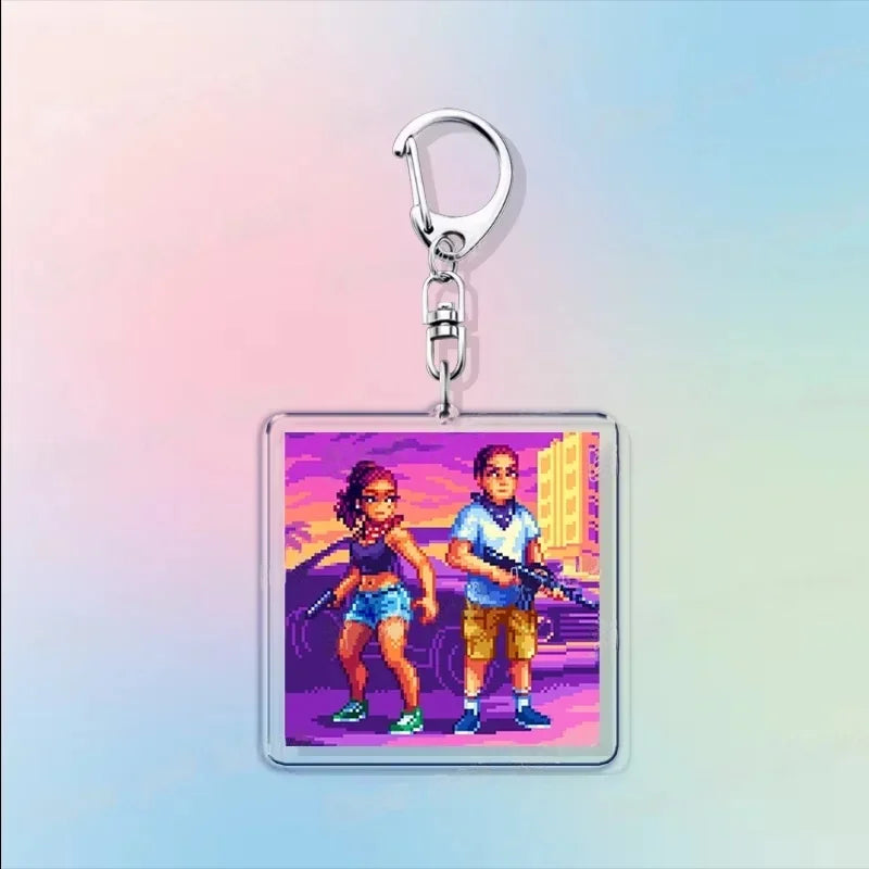 Silver hook acrylic keychain with pixel-art characters inside a rectangular frame.