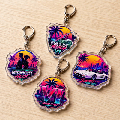 Palm-themed acrylic keychains with metal keyrings, featuring sunset and car artwork