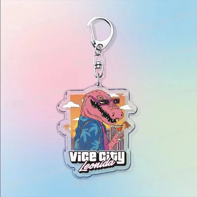 Silver hook acrylic keychain with “Vice City Leonida” text and a pink creature illustration.