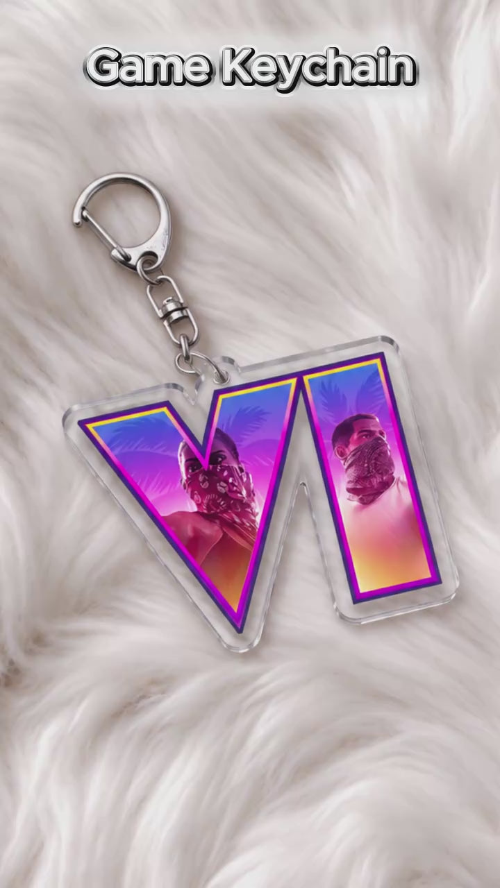 Load video: Premium GTA Vice City &amp; GTA VI Inspired Acrylic Keychains