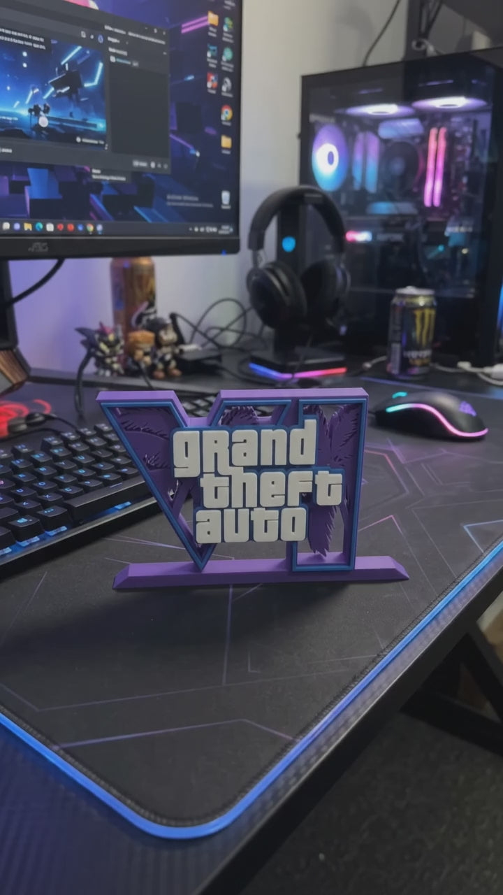 Load video: 3D-Printed Grand Theft Auto VI Logo Display Sign – Premium Gaming Room Decor