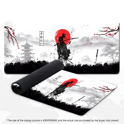 Japanese samurai mousepad with red helmet warrior and black ink landscape, rolled edge