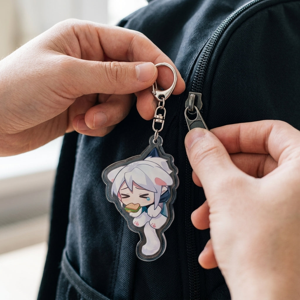Chibi cat ear acrylic keychain with light gray hair anime character and metal key ring