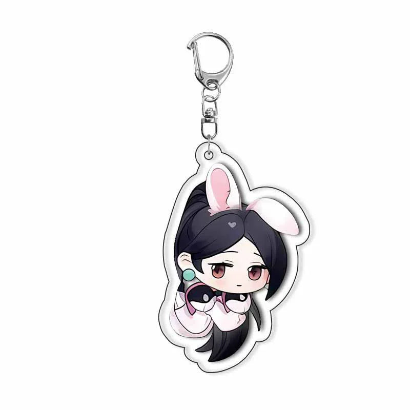 Chibi cat ear acrylic keychain with black-haired anime character and metal key ring
