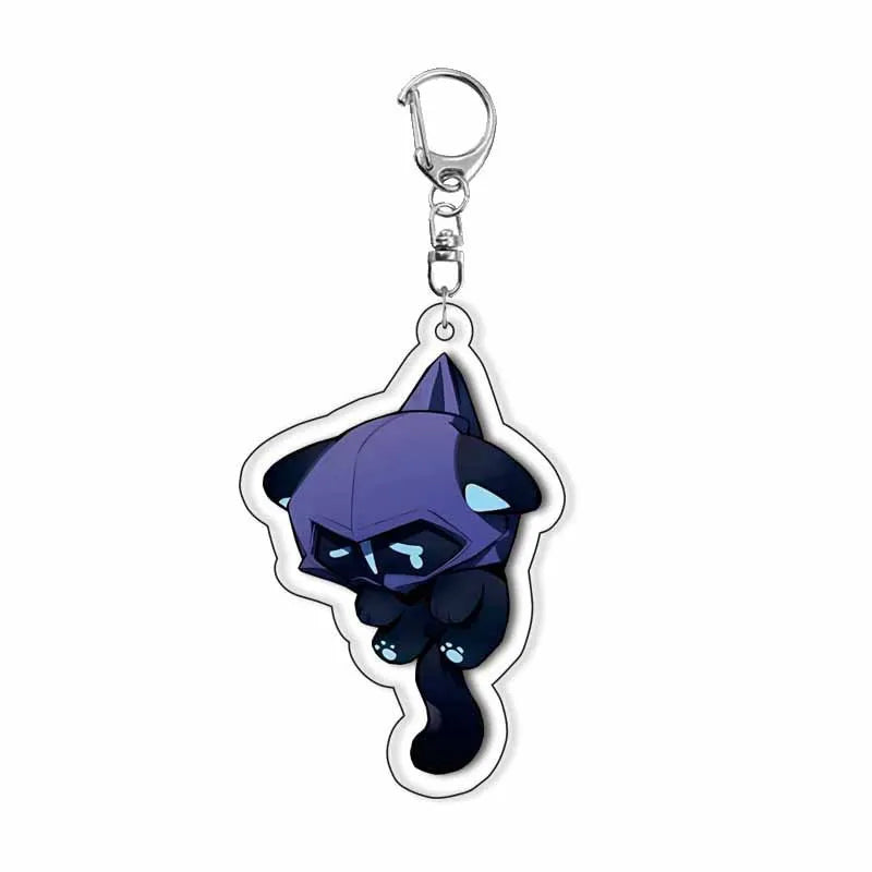 Chibi cat-ear acrylic keychain with purple masked character charm and metal clip.
