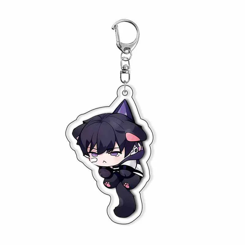 Chibi cat-ear acrylic keychain with purple character sleeping face and metal clip.
