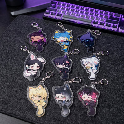 Chibi cat ear acrylic keychains set with multiple agent character figures and metal key rings