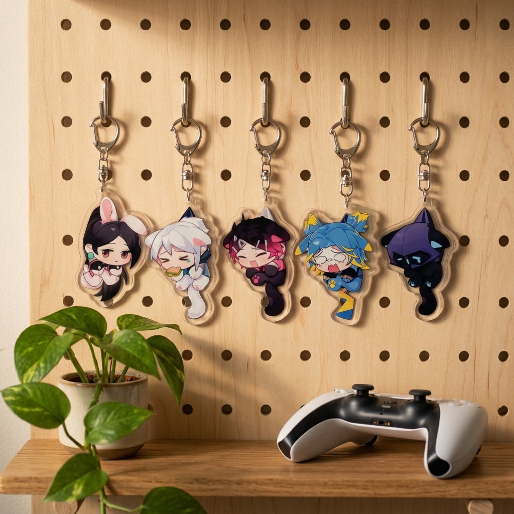Chibi cat ear acrylic keychains with hanging character charms on a pegboard
