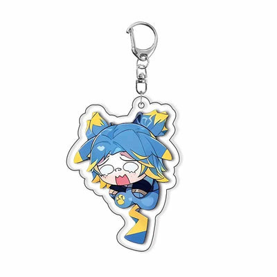 Chibi cat ear acrylic keychain with blue-haired anime character wearing yellow bows