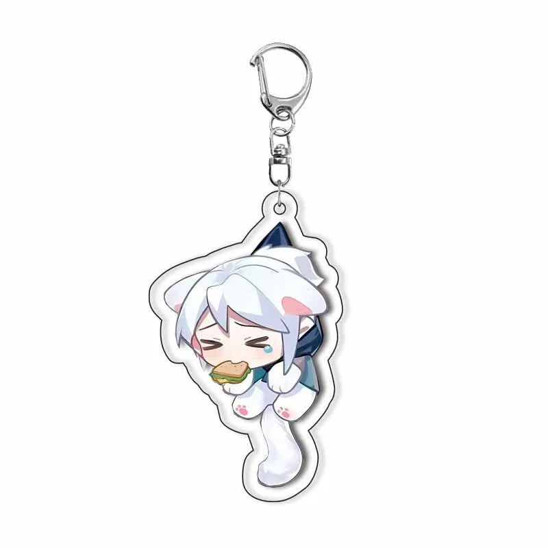 Chibi cat ear acrylic keychain with white-haired anime character and metal key ring