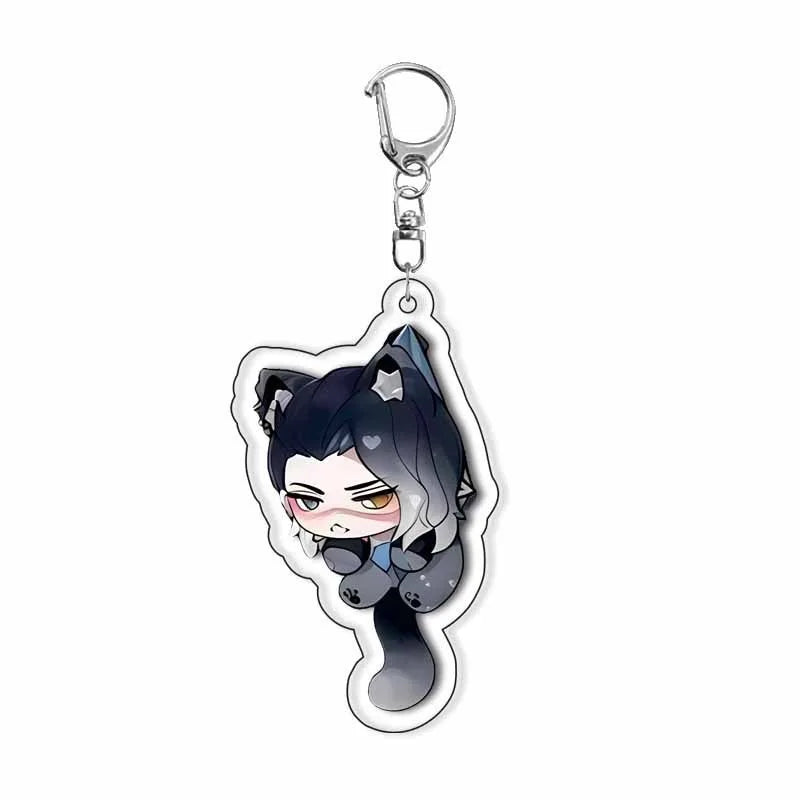Chibi cat ear acrylic keychain with dark-haired anime character and metal key ring