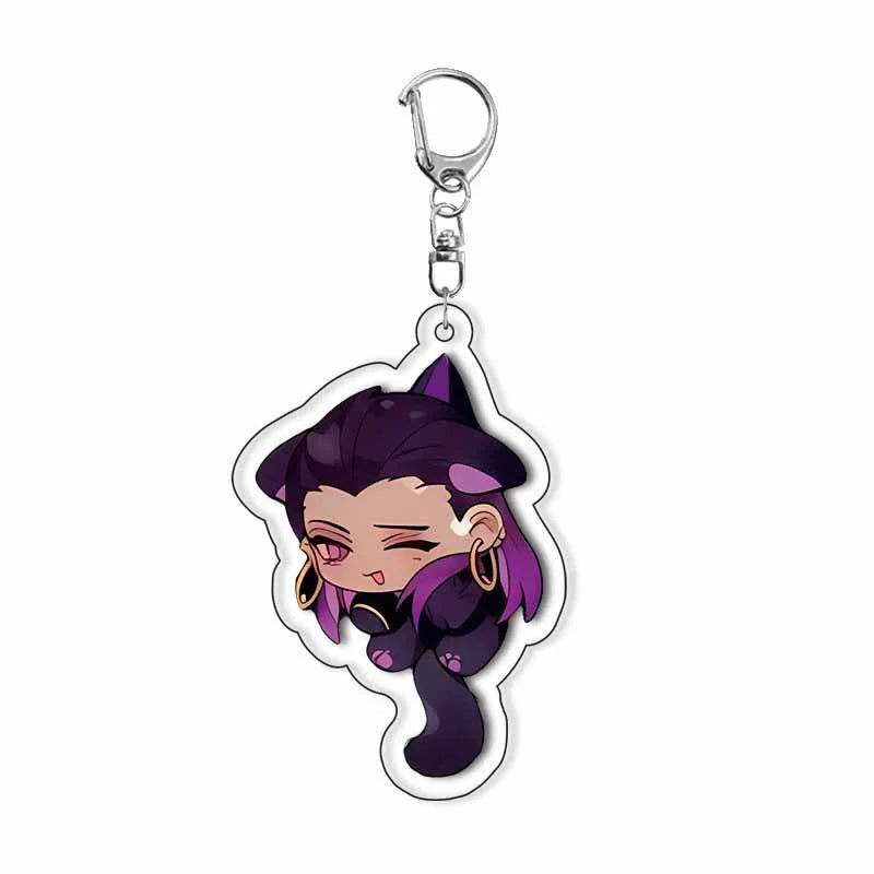 Chibi cat ear acrylic keychain with dark purple-haired anime character and metal key ring