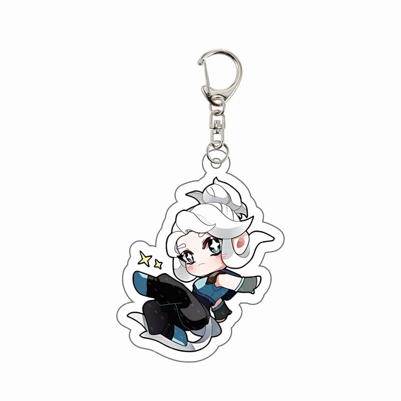 Chibi agent acrylic keychain charm in white hat and teal outfit, with star accents