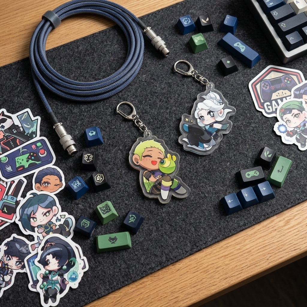 Chibi agent acrylic keychain set with braided blue cord and metal keyrings
