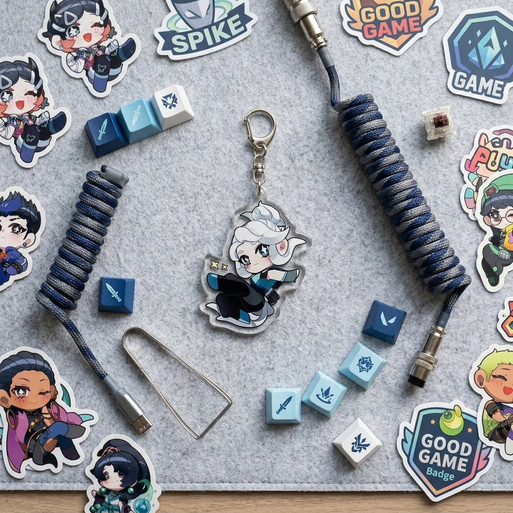Set of chibi agent acrylic keychain charms with metal keyrings and blue cords
