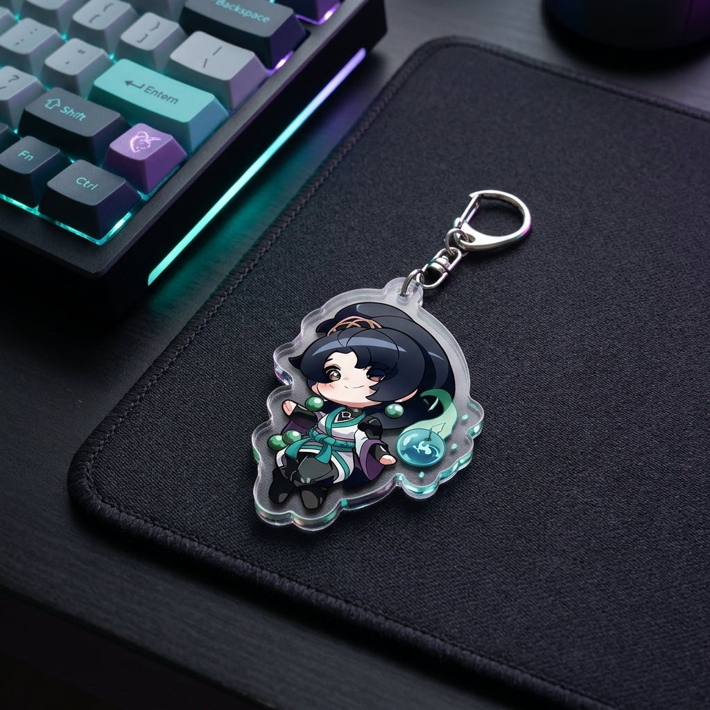 Teal and black chibi agent acrylic keychain charm with metal keyring clasp
