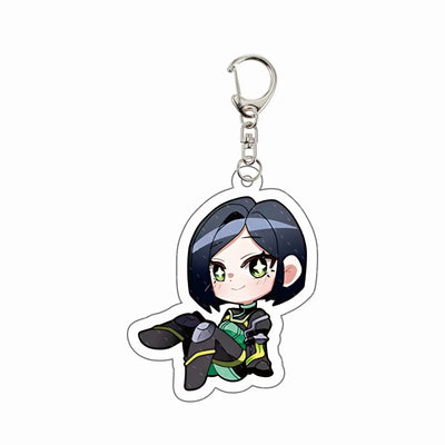 Chibi agent acrylic keychain charm with dark bob hair and green visor accessories