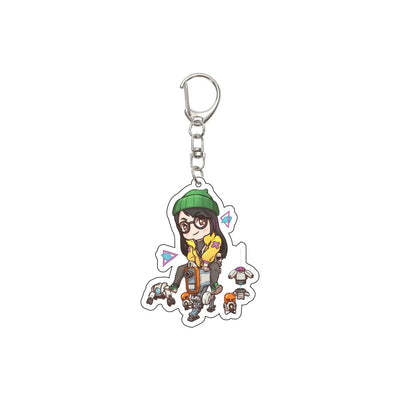 Acrylic keychain with chibi agent in green cap, holding a rifle, model plate charm