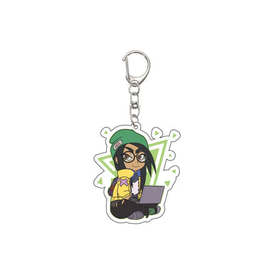 Acrylic keychain with chibi agent wearing glasses and green cap, sitting at a laptop