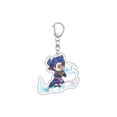 Acrylic keychain featuring a cute cartoon agent with blue hair, holding a glowing device.