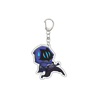 Acrylic keychain featuring a cute cartoon masked agent with blue outfit and hand pose.