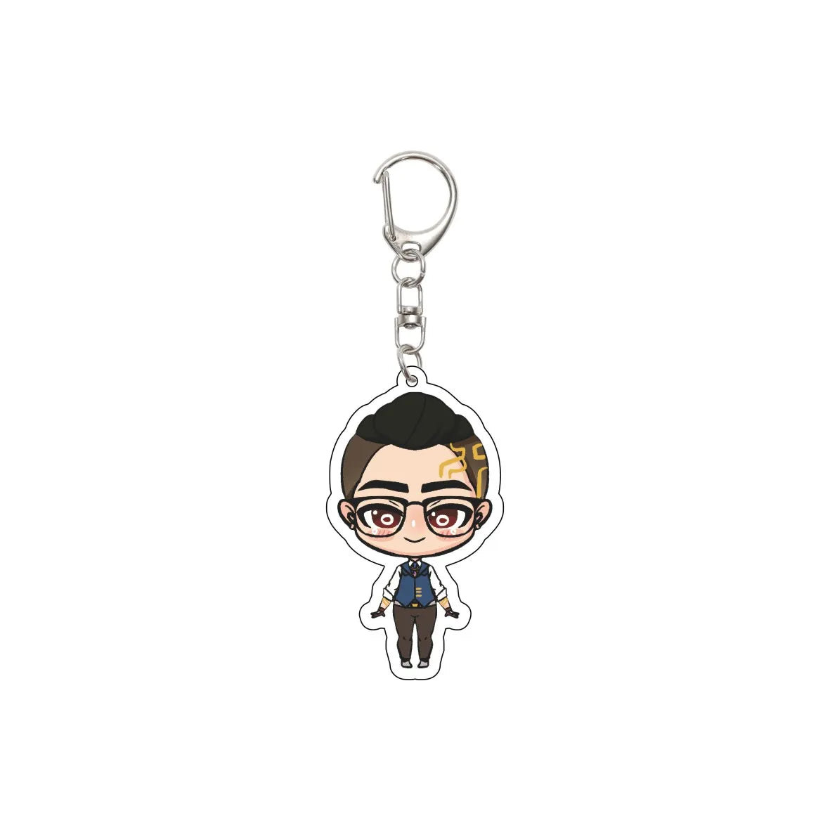 Acrylic keychain featuring a cute cartoon agent character in glasses and blue outfit.